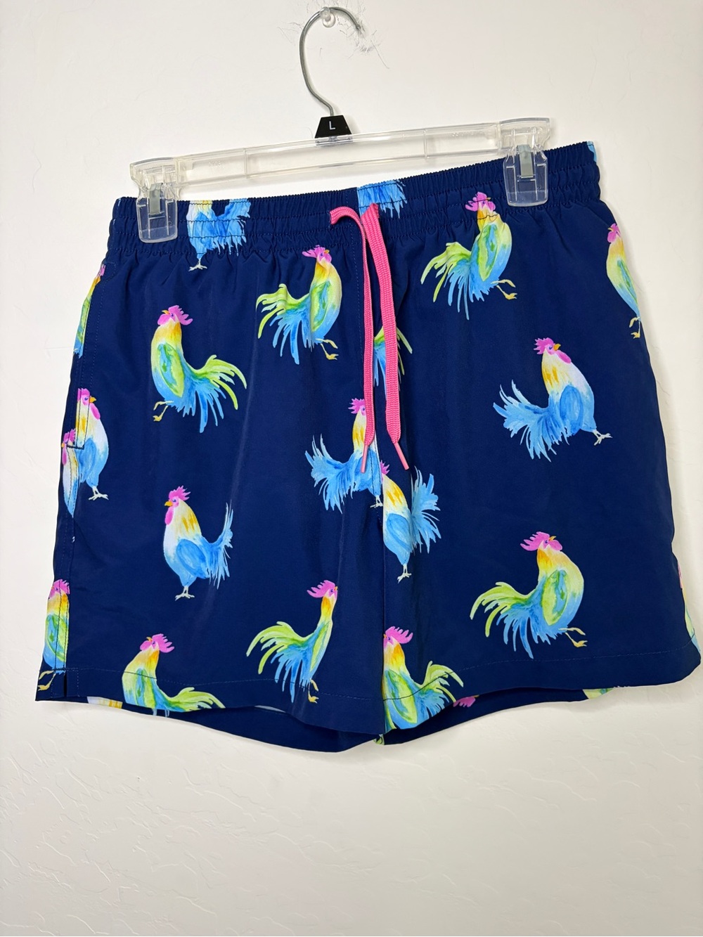 chubbies Navy Rooster Print Swim Trunks with Pink Drawstring